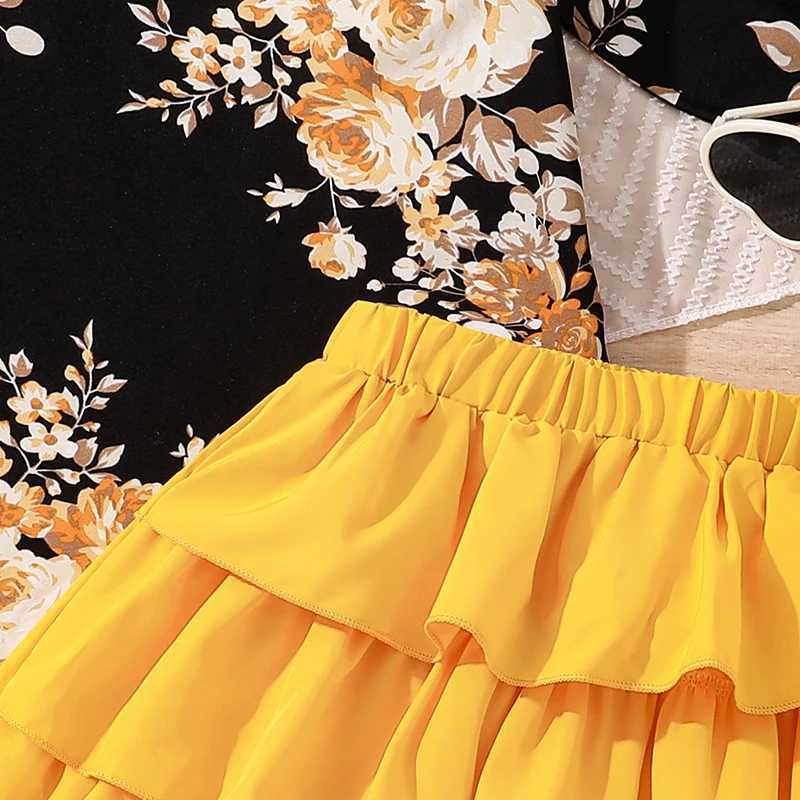 Children Clothes Girl Outfit Black Flowers Printed Vest Yellow Tiered Skirt With Hats 3 Pcs Sets Stylish Girls Outfit L250926P1S3