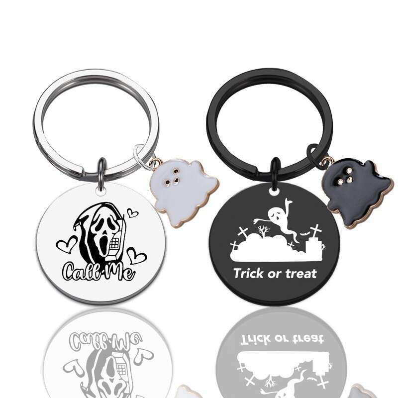Hot Sale Ghost Stainless Steel Keychain Laser Engravable Round Halloween Pendant
