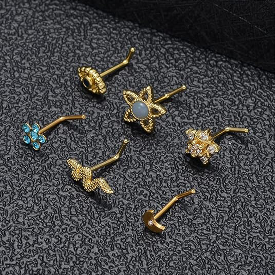 12Pcs Nose Rings Stud L Shape Cubic Zirconia Butterfly Flower Eye Moon Butterfly Heart Snake Shape Nose Studs Piercing Jewelry Gold Plated 20G