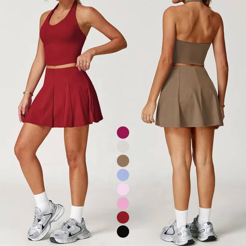 Womens Tennis Skirt Suit New TwoPiece Halter Neck Sports Bra and Skirts QuickDrying Fitness Sets