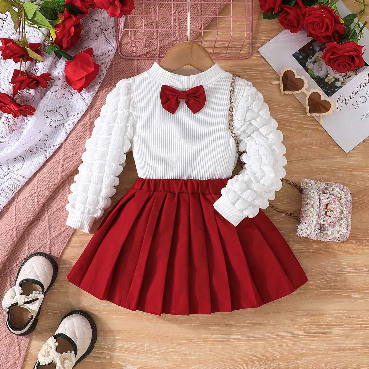 FOCUSNORM 3 Colors Fashion Kids Girls Fall Clothes Sets 38Y Long Puff Sleeve Bow Front Tops Pleated Skirt 2PCS L2509265WTL