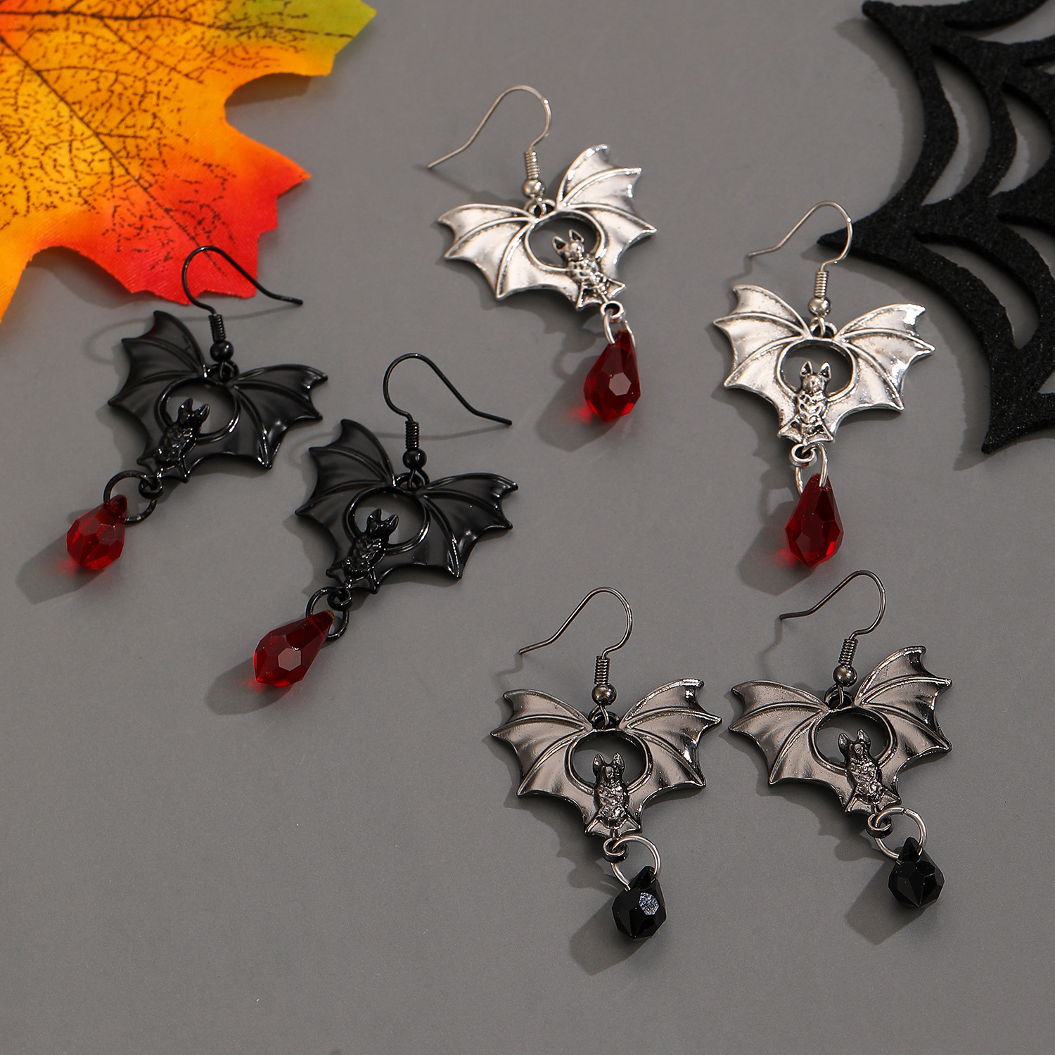 Dark Gothic Style Black Bat Red Crystal For Women Halloween Earrings