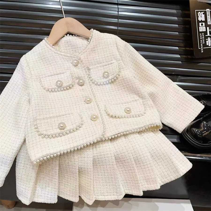 Girls Suit Spring and Autumn Korean Fashion Solid Color Pearl Button Childrens Coat Skirt Two Piece Set L250926Q8UY