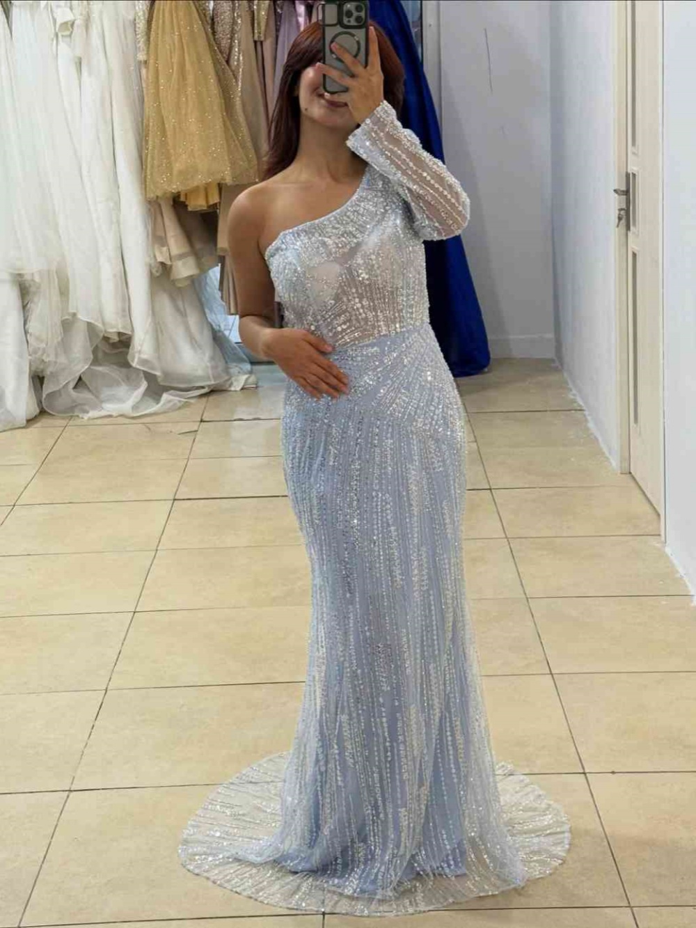 Stylish Sequins Mermaid Evening Dress One Shoulder Long Sleeve Prom Gowns Exquisite Floor Length Formal Dresses Customized
