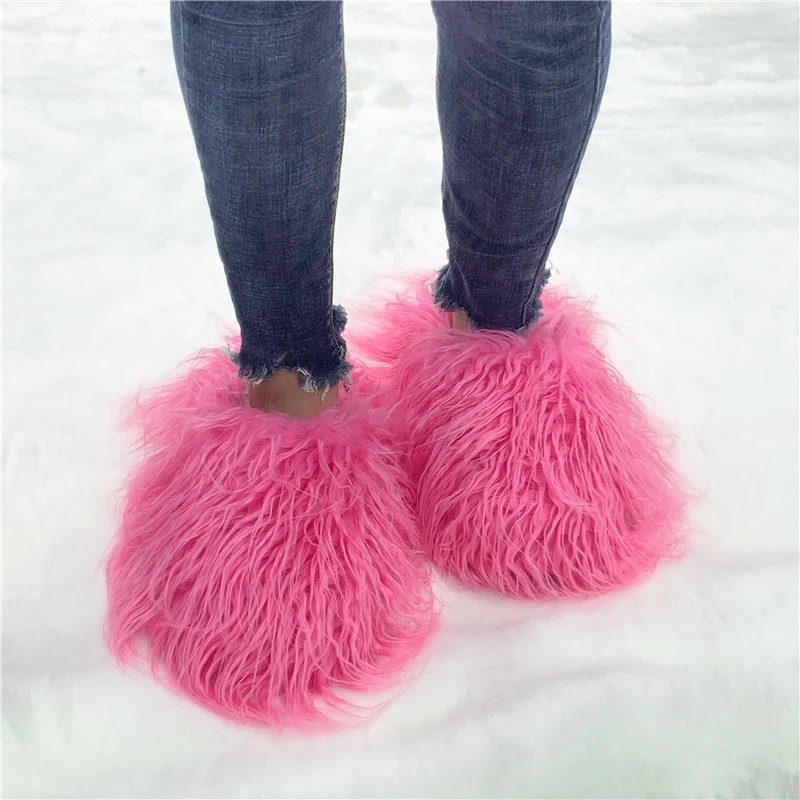 Luxury Fur Slippers Women Round Toe Mongolian Fur Slides Woman Shoes Female Full-Fur Slipper Footwear Soft Round Sole Designer Mongolian Woolen Padded