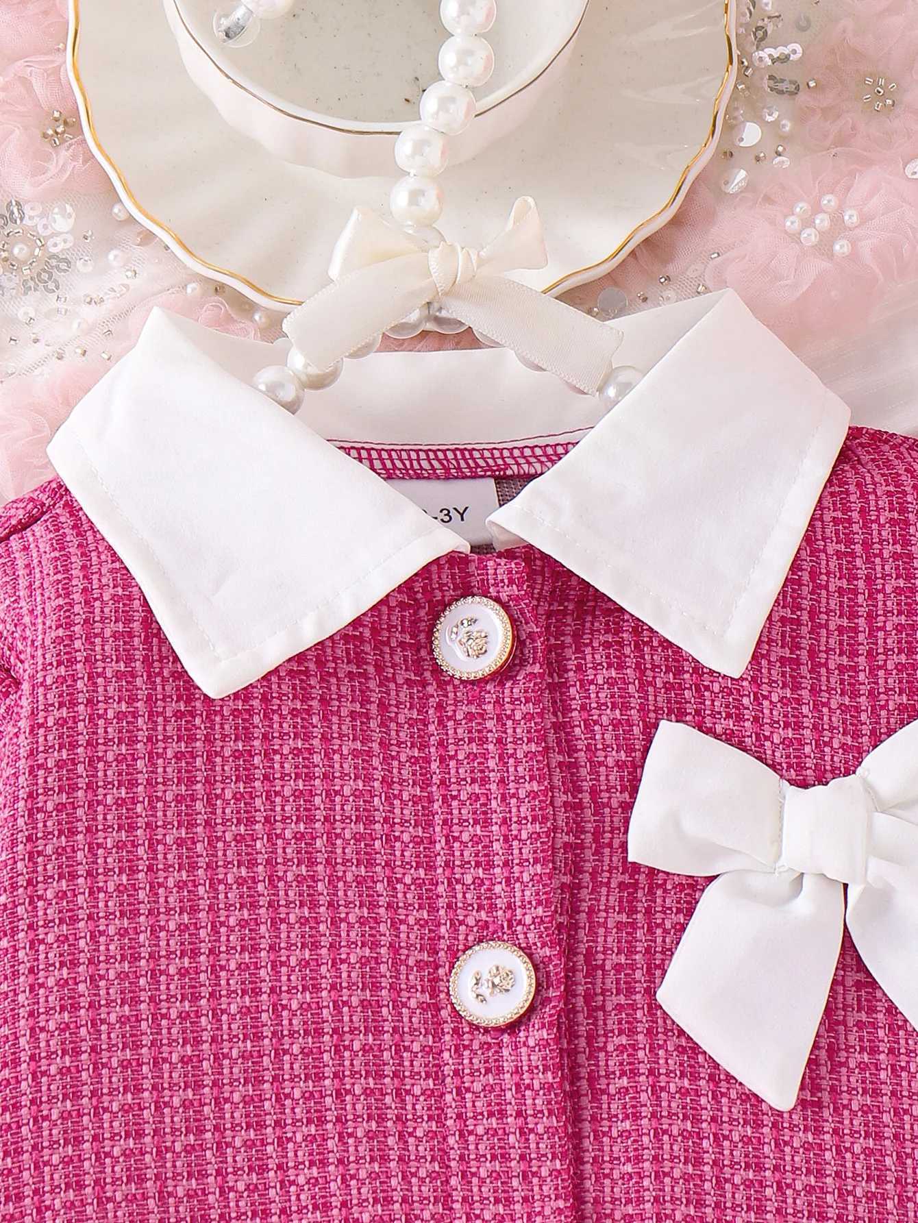 37Y Girls Elegant Suit Set TurnDown Collar Bows Tweed Coat and Skirts Two Piece Winter Set For Girls Children Clothing 2025 L2509261TE1