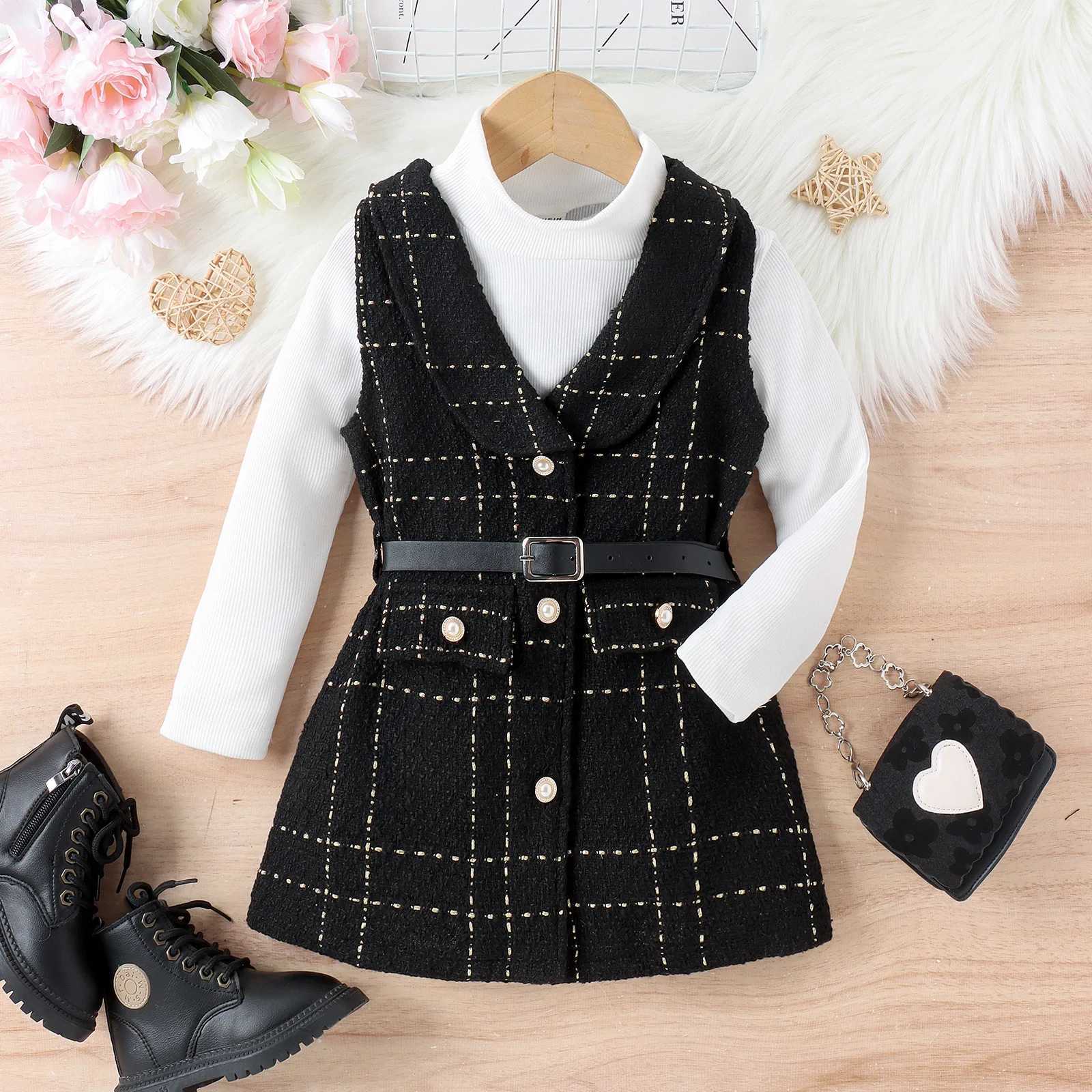 Temperament Black and White Children Dress Girl Suit Embroidered Vest Suit High Neck Long Sleeve Black Belt Threepiece Kid Kit L250926W2CA