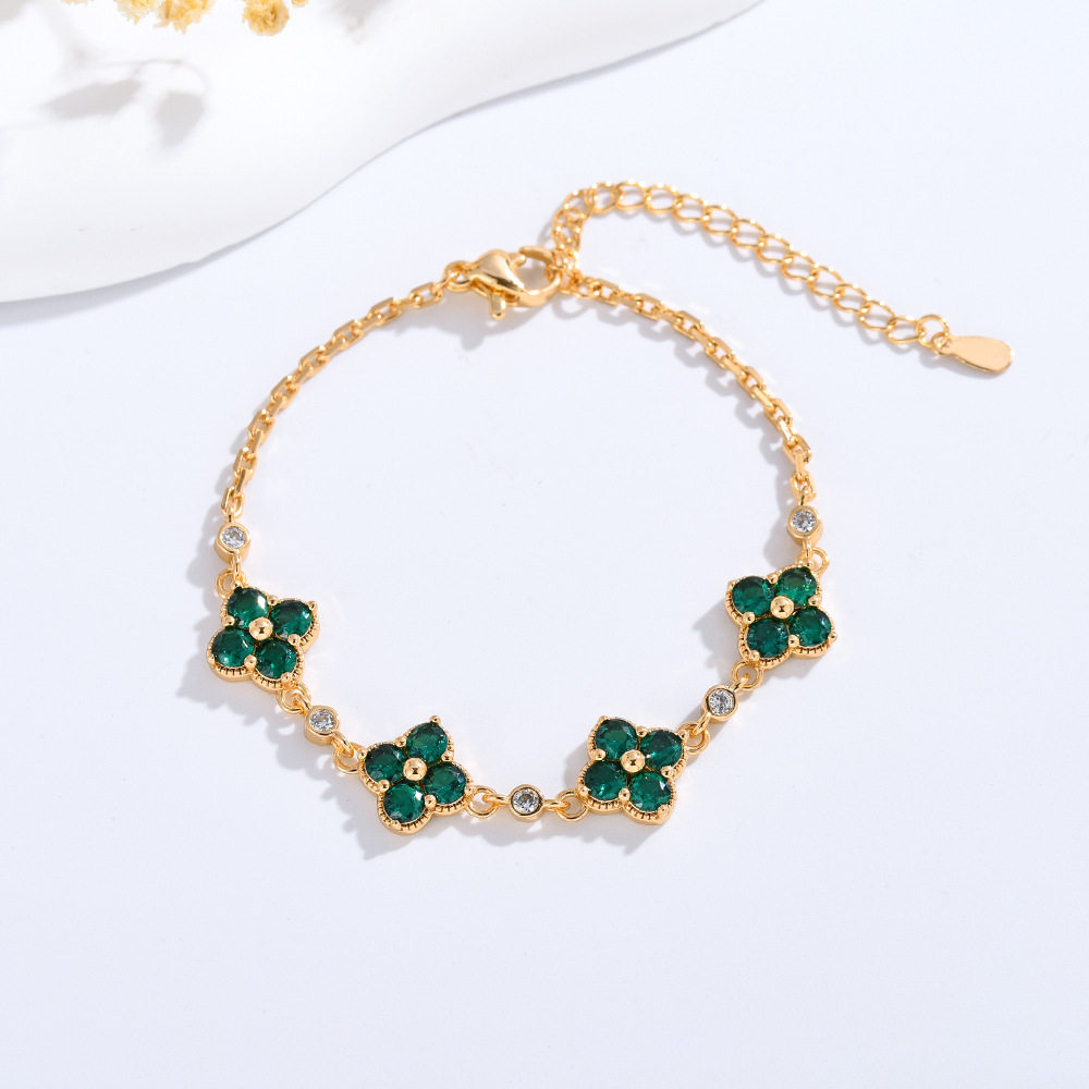 High-End Colorful Gemstone Light Lucky Four-Leaf Flower for Women with Micro-Paved Zirconia, Exquisite Fashion Bracelet