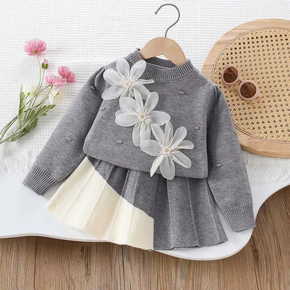Girls Sweater Set AutumnWinter New Childrens Flower Solid Color Knitted TopShort Skirt Two Piece Set L2509263TK1