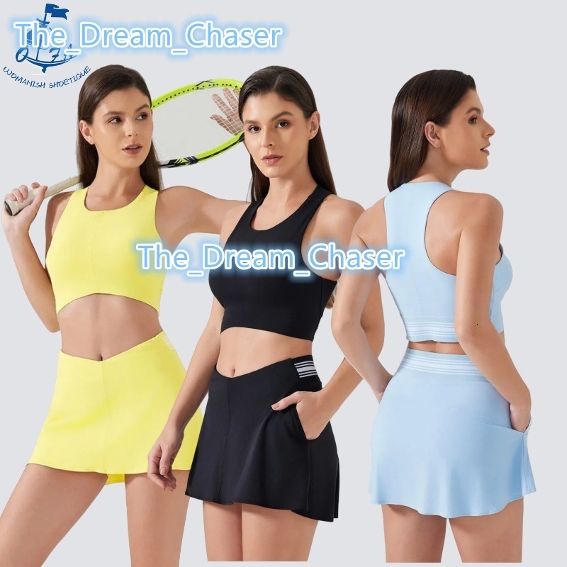 2PCS Contrast Color Tennis Skirt Yoga Suit Vest Top with Lining Short Skirt Suit Outdoor Sports Dance Pilates Fitness Clothes