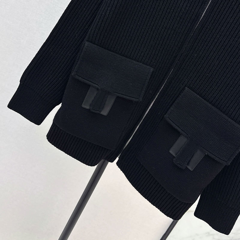 Designer New Season Luxury Women's Embroidered Pattern Pocket Wool Blend Cardigan Fashion Runway Drop Shoulder Long Sleeve Zip Front Two Color Y2