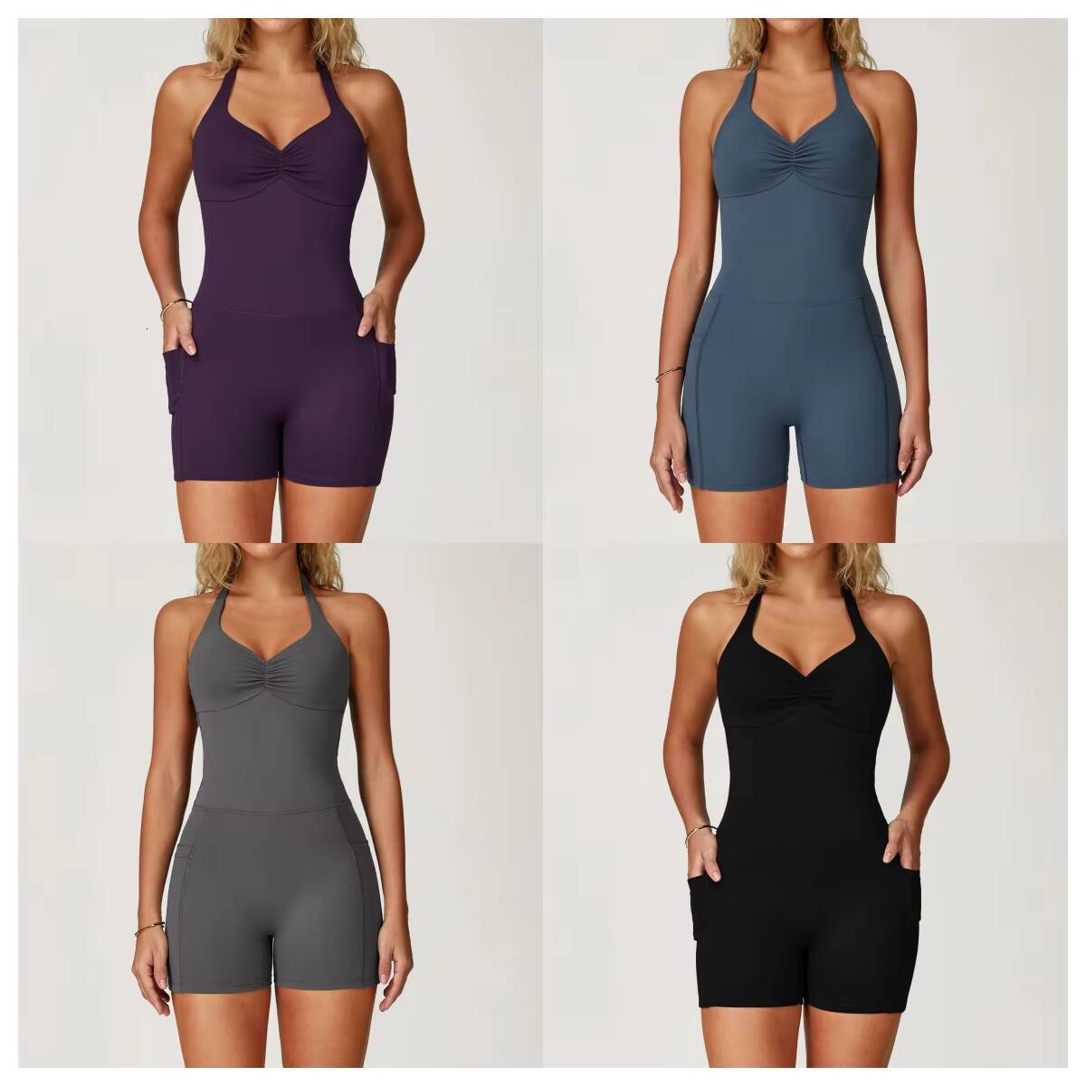 Quick Dry Womens Halter Sleeveless Sports Bodysuit Gather Beauty Back Yoga Jumpsuit Hip Lift Scrunch Butt Running Tracksuit
