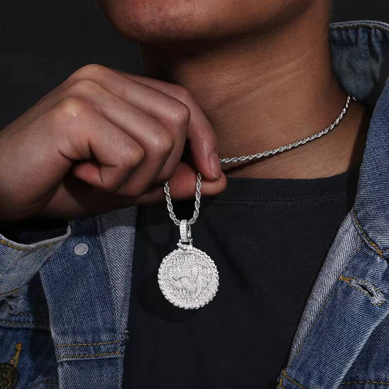 High Quality Baguette Moissanite Round Coin Pendant 925 Sterling Silver Lab VVS Diamond Iced Out Tourbillion Charm Necklace Men