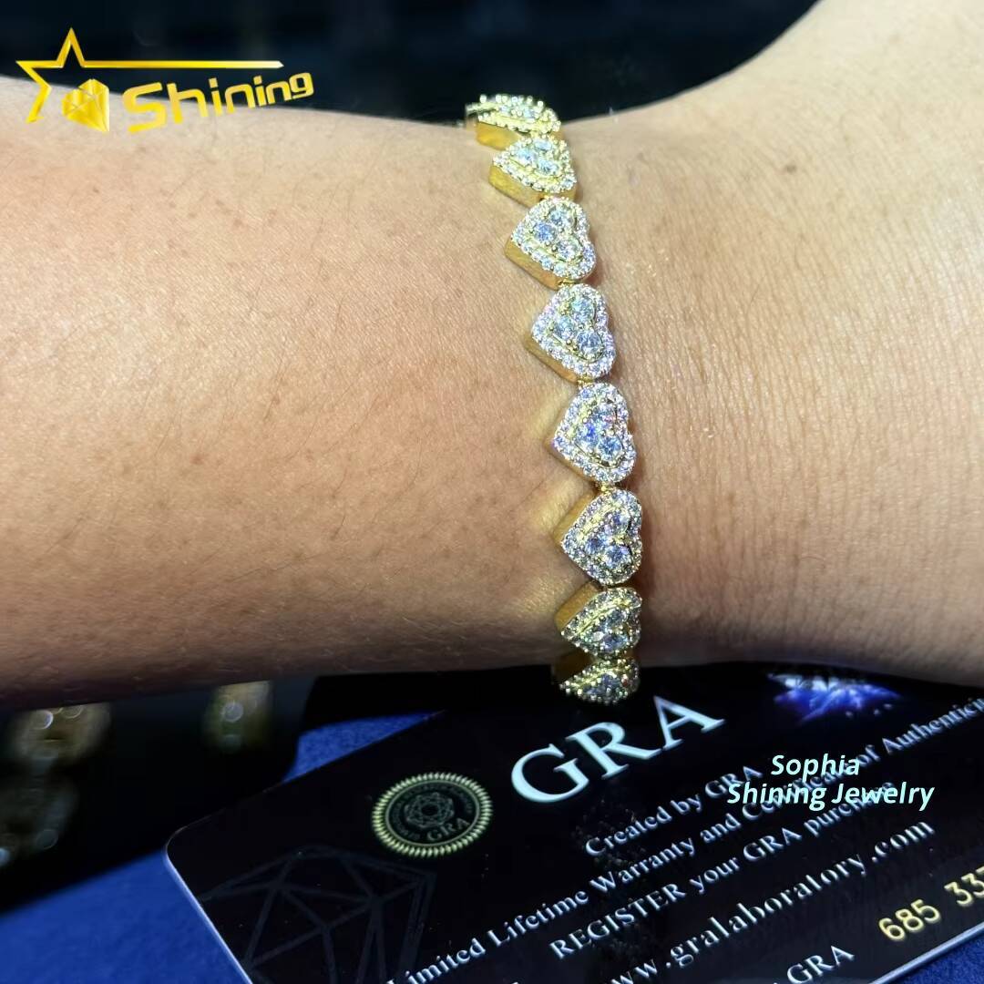 Heart Design Solid Silver 925 Hip Hop Iced Out Cuban Link Bracelet 8mm VVS Moissanite Diamond Womens Fine Jewelry Bracelet