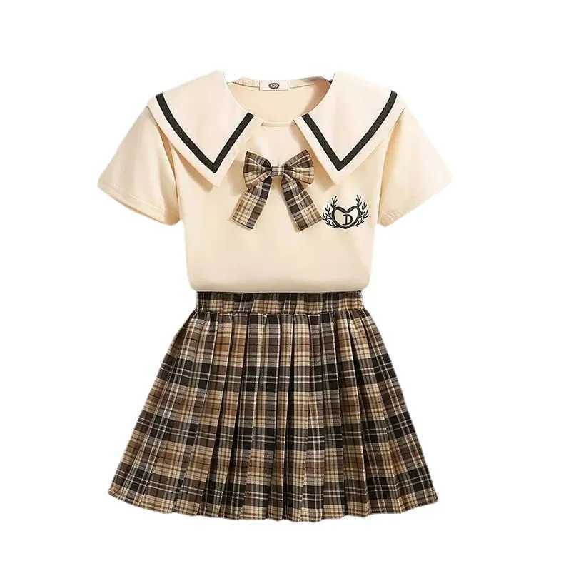 Summer Children Girls Clothes Set JK Student School Lapel Tshirts and Plaid Pleated Skirts 2 Pieces Suit Kid Top Bottom Outfits L250926GJ5Z