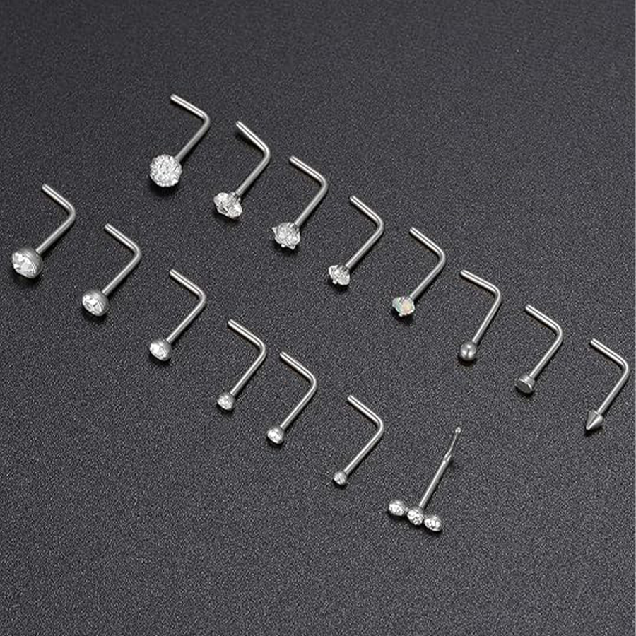 15PCS Titanium Nose Studs Ring L-Shaped Round CZ Ball Opal Star Heart Nose Studs Nostril Body Piercings Jewelry Set for Women Men Silver Tone 20G