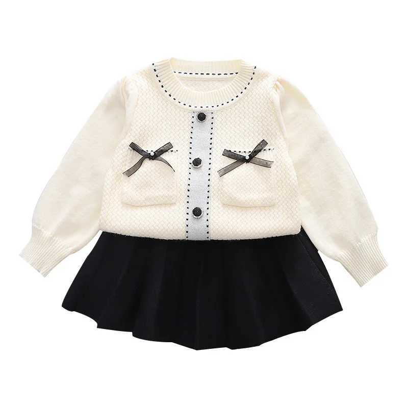 2025 Autumn Infant Baby Girl 2PCS Clothes Set Cotton Knitted Round Colar Sweaterskirt Outfit Solid Kid Girl Pleated Skirt Suits L250926E3V0
