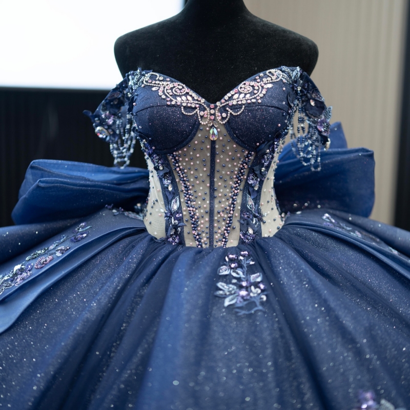 Navy Blue Shiny Quinceanera Dresses Off The Shoulder Sequin Applique Lace Beads Bow Corset Tull Party Birthday Sweet 16 Dress Vestidos 15 De Anos