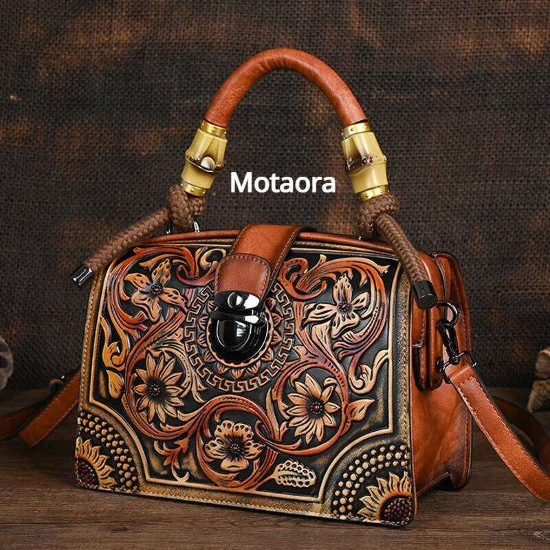 Motaora New Emed Shoulder Bag For Women's Vintage Handmade Handbag Female PU Leather Big Capacity Crossbody Bags Purse