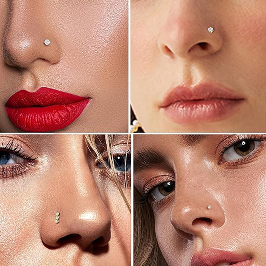 15PCS Titanium Nose Studs Ring L-Shaped Round CZ Ball Opal Star Heart Nose Studs Nostril Body Piercings Jewelry Set for Women Men Gold Tone 20G