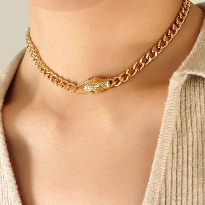 Nivora Trendy Stainless Steel Jewelry Sets Cuban Chain Snake Head Zircon Bracelet Necklace For Women Men Gold Plated Jewellery