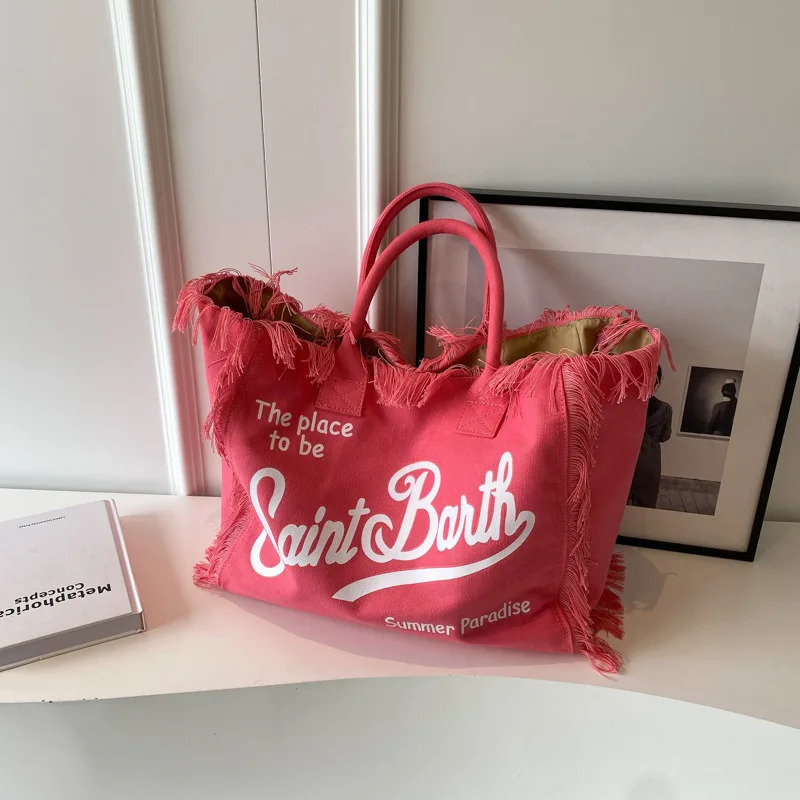 Saint Barth European American Womens Large Shoulder Bag Casual Beach Canvas Striped Tassel Tote Travel Bag 250922