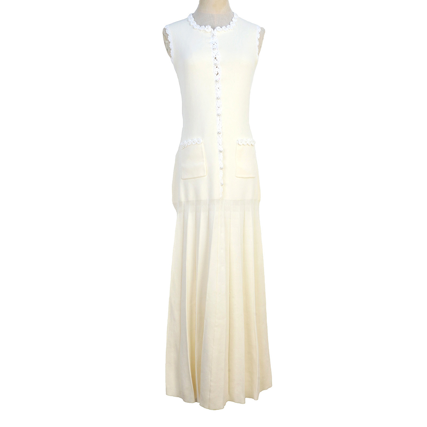 SD2025 Pleated Knit Dress for Women; Spring New Arrival; French Elegance; Lace Color Blocking; Black Sleeess Maxi Dress; Women's Knit Maxi Dress