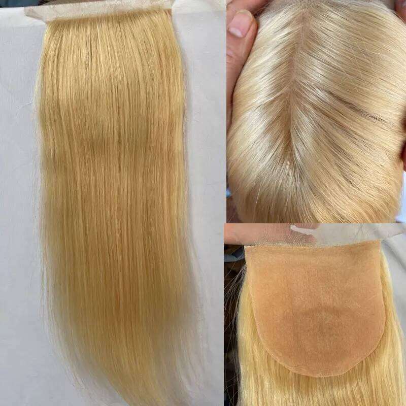 Brazilian Virgin Human Hair Lace For Women Silk Base Top Straight Natural Blonde, Free Part Closure 4x4 "#613 Color