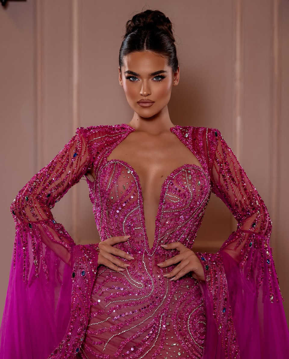 Glitter Sequins Evening Dresses V Neck Long Sleeve Mermaid Prom Dresses Crystal Beading Vestidos De Gala Custom Made