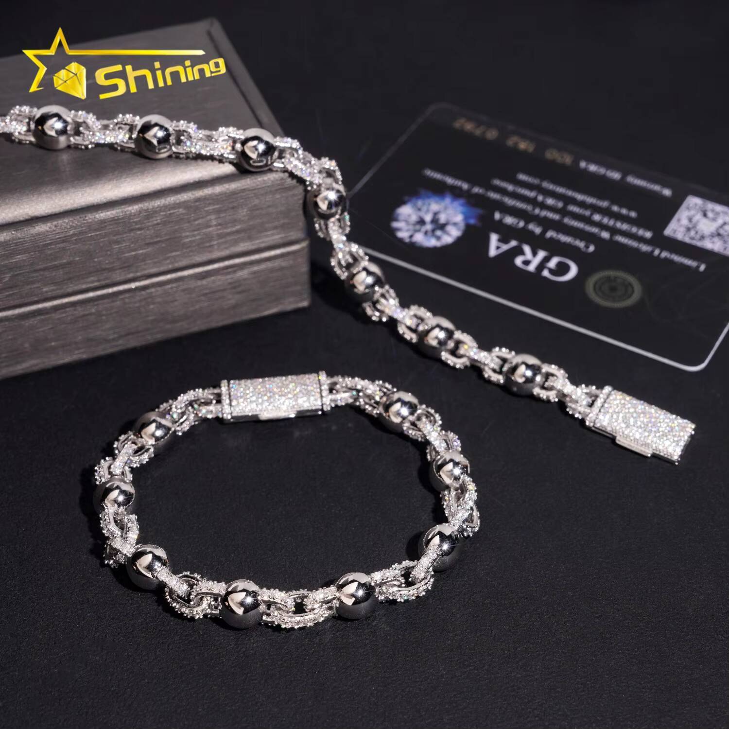 GRA Certificate 925 Sterling Silver Pass Diamond Tester Moissanite Bead 8mm Hip Hop Bracelet