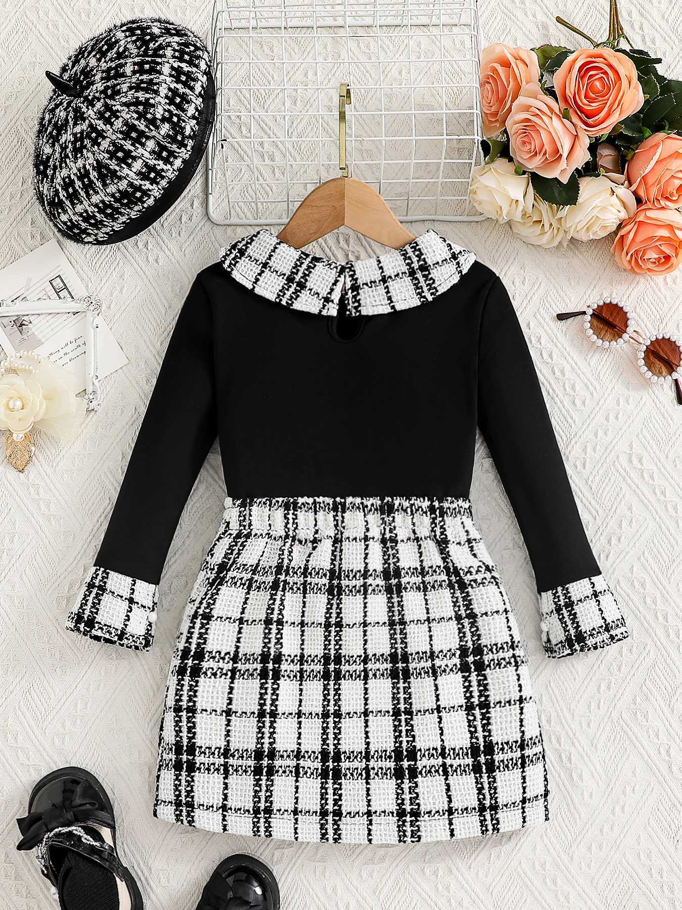 Spring and Autumn Hot Kids Set Girls Fashion Collar Plaid Long Sleeve Top Plaid Bag Hip Skirt 2piece Set L250926A0Q5