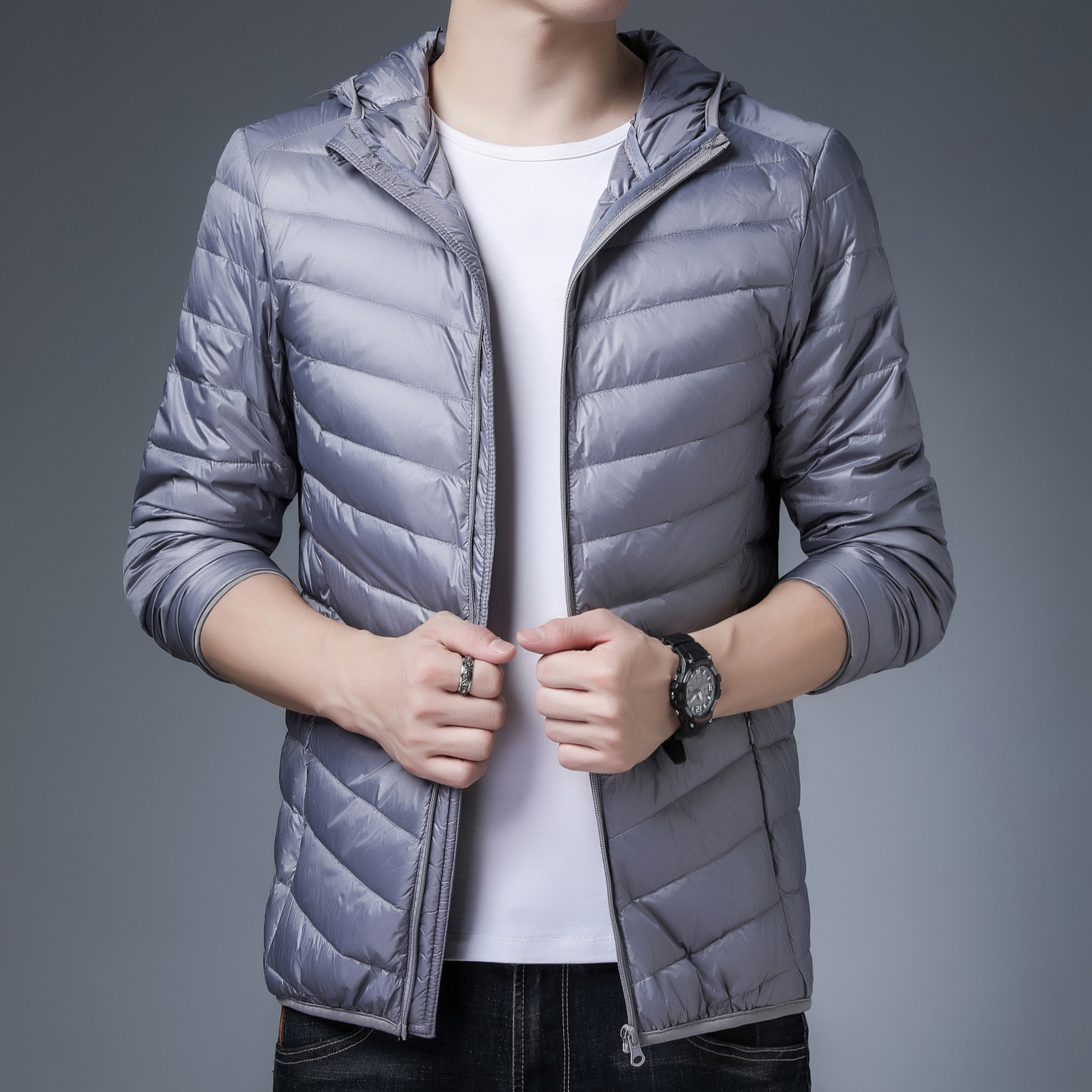 2025 New Lightweight Down Jacket Men's Hooded Stand Collar Short Large Size Men's Clothing for Middle-aged Lightweight Thin Style