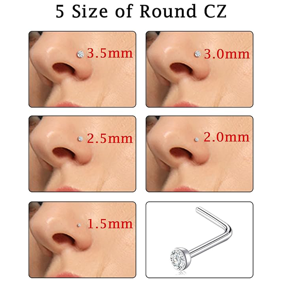 15PCS Titanium Nose Studs Ring L-Shaped Round CZ Ball Opal Star Heart Nose Studs Nostril Body Piercings Jewelry Set for Women Men Silver Tone 20G