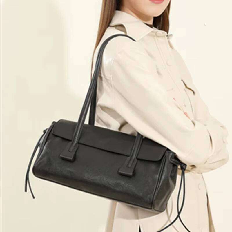 New Genuine Leather Women's Shoulder Large Capacity Cowhide Handbag Long Strip Black Baguette Bag Female
