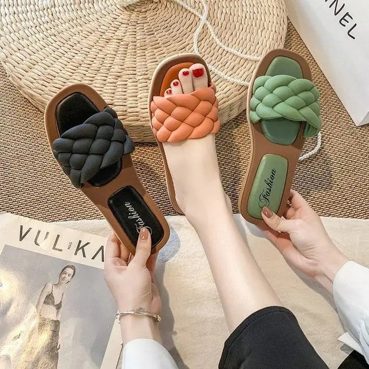 Solid Color Women's Woven Beach Walkers - Comfortable Flat Sandals for Summer Sandals Walking Solid Color Women Shoes Woven Beach Female Slippers