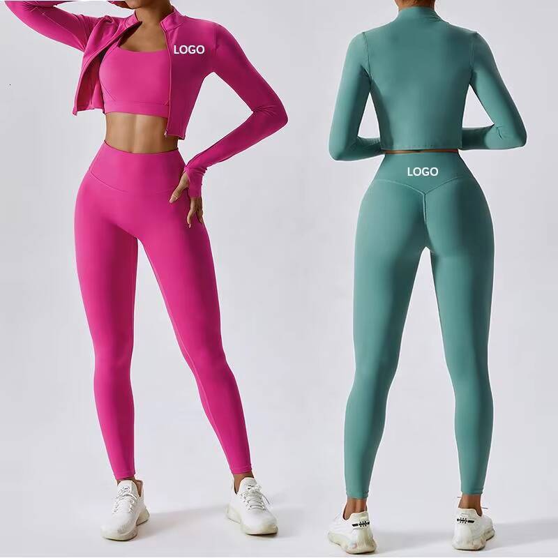 Custom Long Sleeve Crop Top and Elastic Waist Pants Set Gym Clothes Women Yoga Sets