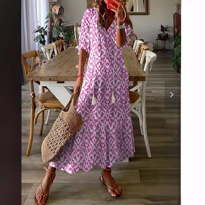 Casual, sweet, loose V-neck printed beard-style mid-length long dress for women with sleeves