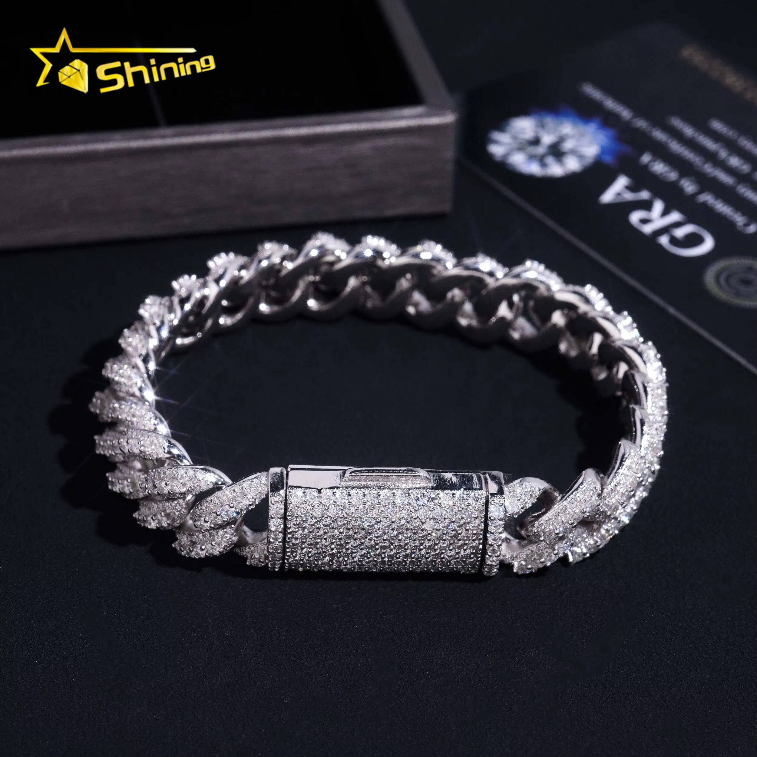 Hip Hop GRA Certificate 13MM Moon Shape Moissanite Cuban Link Bracelet Custom 925 Bracelet Sterling Silver for Men Fine Jewelry