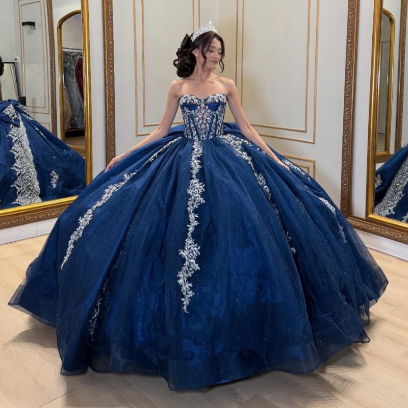 Navy Blue Shiny Quinceanera Dresses Off The Shoulder Applique Lace Beading Crystal Bow Corset Tull Party Birthday Sweet 16 Dress Vestidos 15 Anos