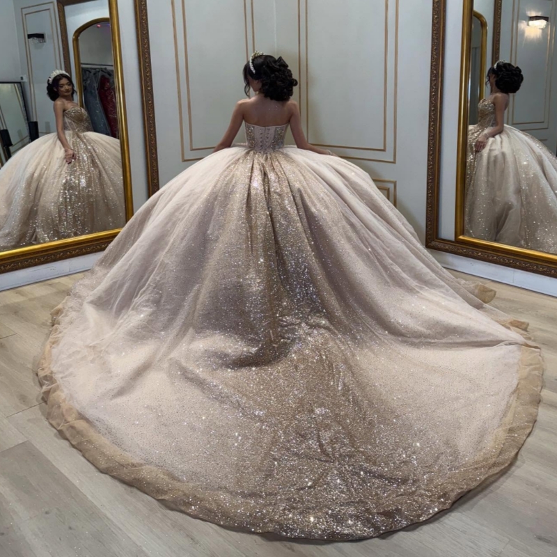 Champagne Shiny Quinceanera Dresses Off The Shoulder Beading Crystal Corset Tull Party Birthday Sweet 16 Dress Vestidos 15 De Anos