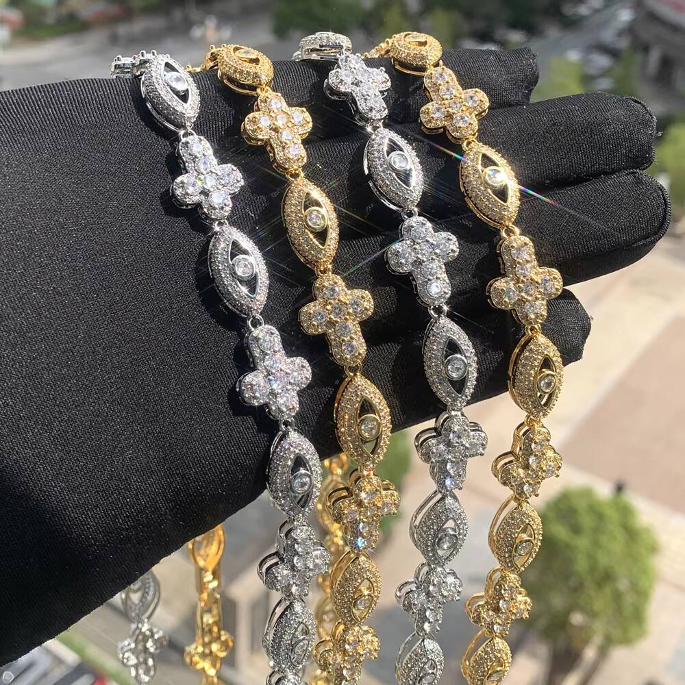 Bling Rhodium Plated Men Boy Hip Hop Jewelry Micro Pave 5A Cubic Zirconia CZ Evil Eye Cross Necklace