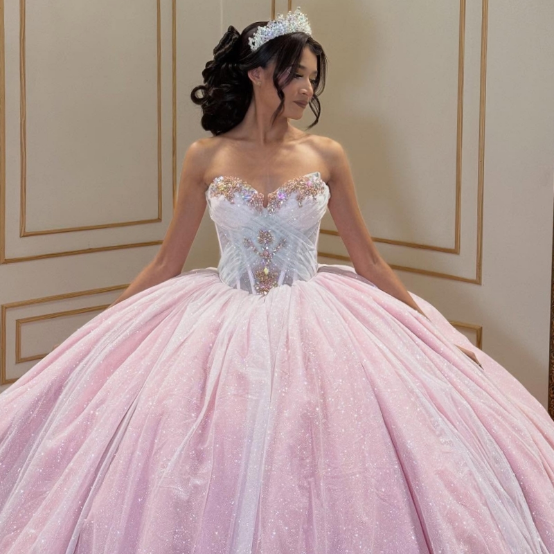 Light Pink Shiny Quinceanera Dresses Off The Shoulder Beading Crystal Corset Tull Party Birthday Sweet 16 Dress Vestidos 15 Anos