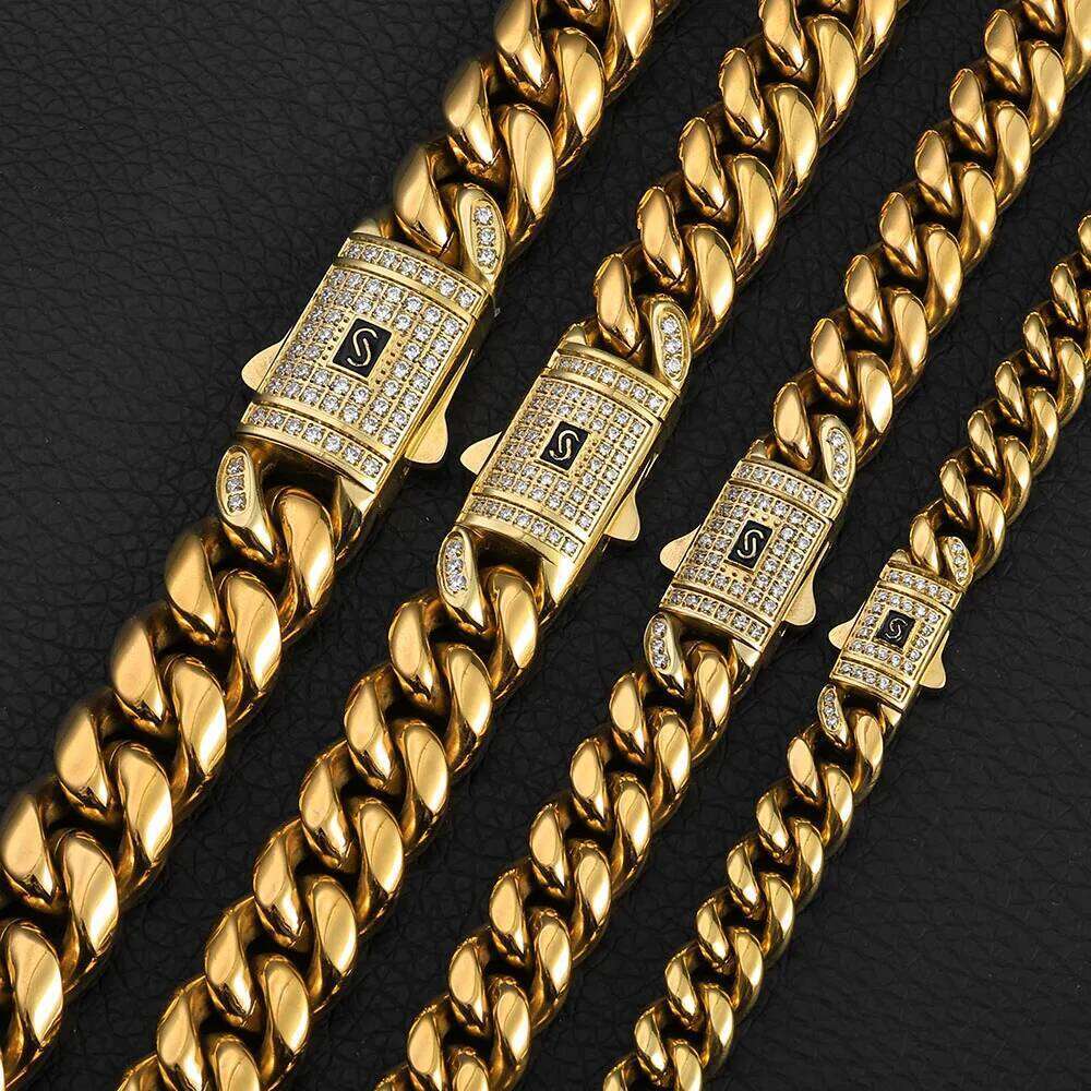 Ladies' Jewelry High Quality Stainless Steel Plated 14k gold Cuban Chain Waterproof Men's Dia Inlaid Necklace