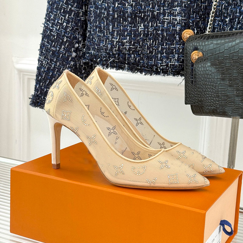 Gala Pump designer shoes Womens Heels Sandals Monogram Pattern Mesh Embroidered Pointed Toe High Stiletto Heel Leather Outsole