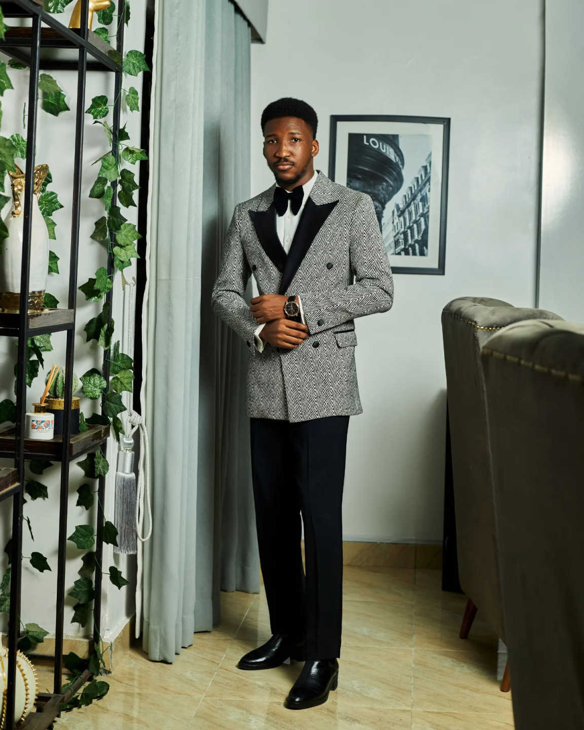 Fashion Men's Herringbone Double Breasted Peaked Jacket Blazer Slim Fit Wedding Tuxedos Formal Business Occasion Custom Made