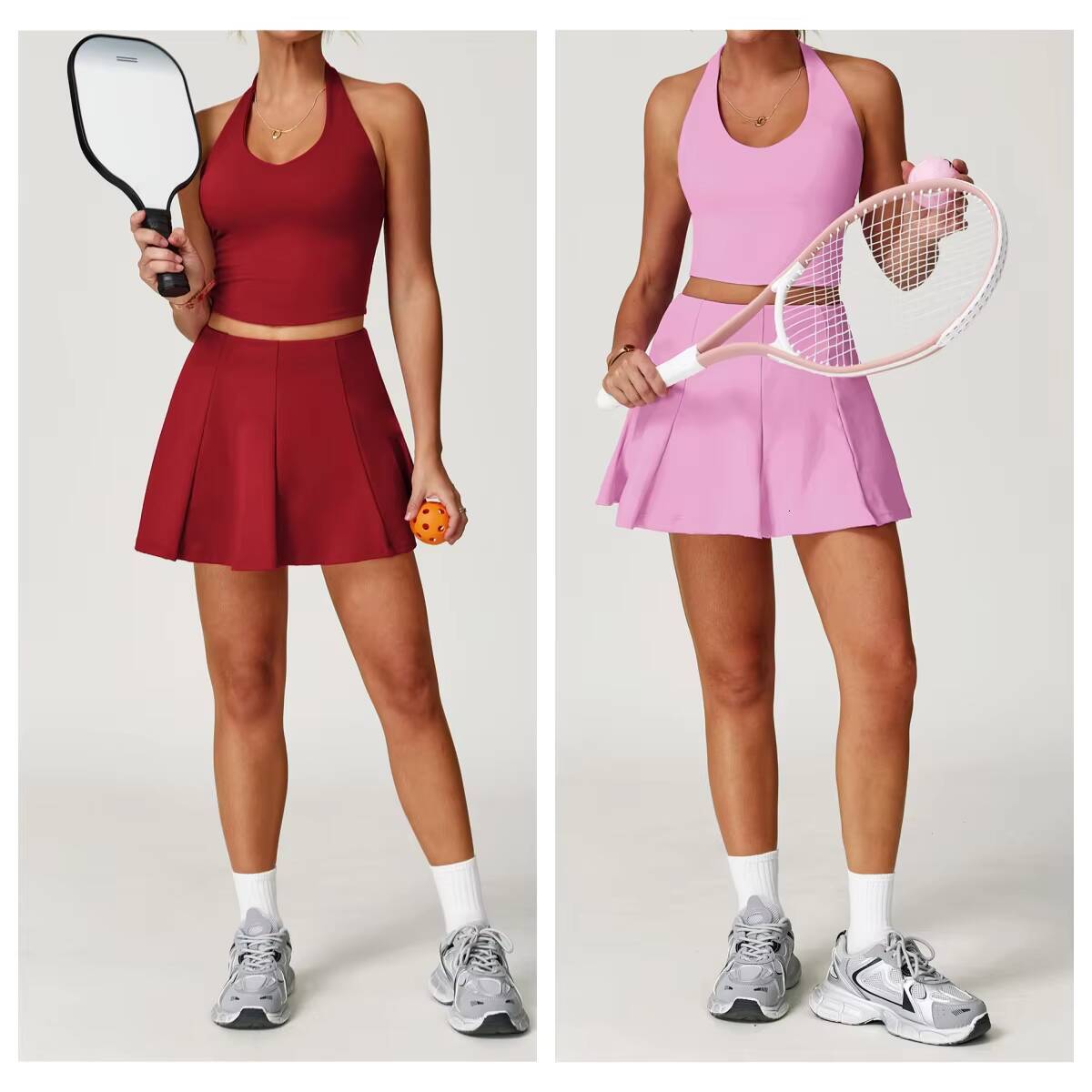Womens Tennis Skirt Suit New TwoPiece Halter Neck Sports Bra and Skirts QuickDrying Fitness Sets