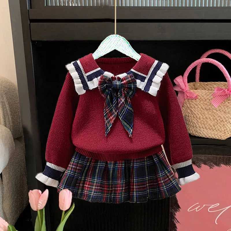 GirlsjkSuit Autumn New Childrens Autumn College Style Red Baby Girl Knitted TwoPiece Sweater L250926AOMD
