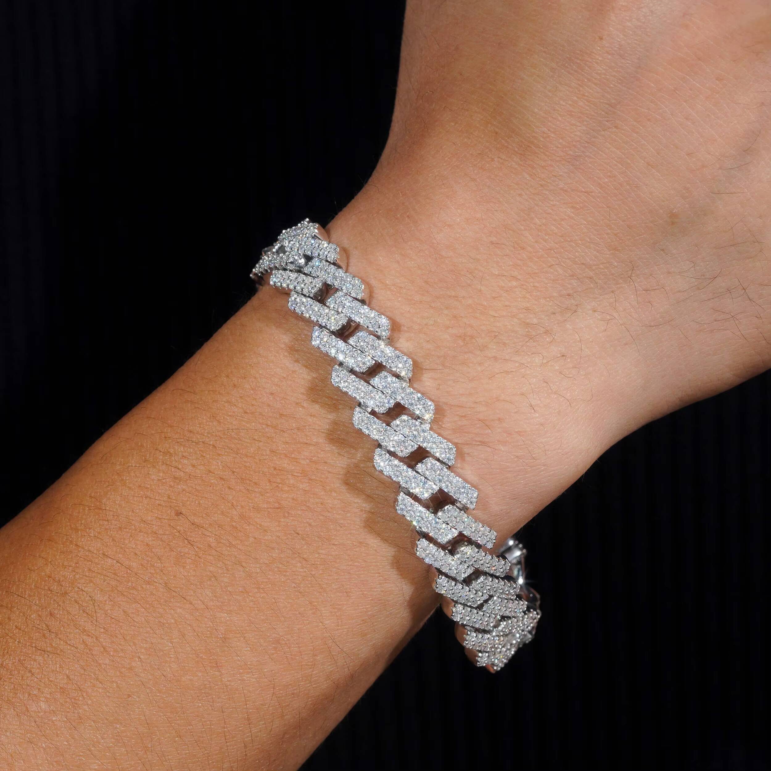 Trendy Two Rows 14mm Moissanite Bracelet 925 Sterling Silver Hip Hop Fine Jewelry Vvs Moissanite Diamond Cuban Link Bracelet Men