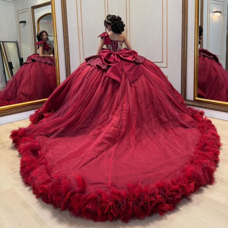 Red Shiny Quinceanera Dresses Off The Shoulder Applique Lace Beads Corset Tiered Tull Party Birthday Sweet 16 Dress Vestidos 15 De Anos