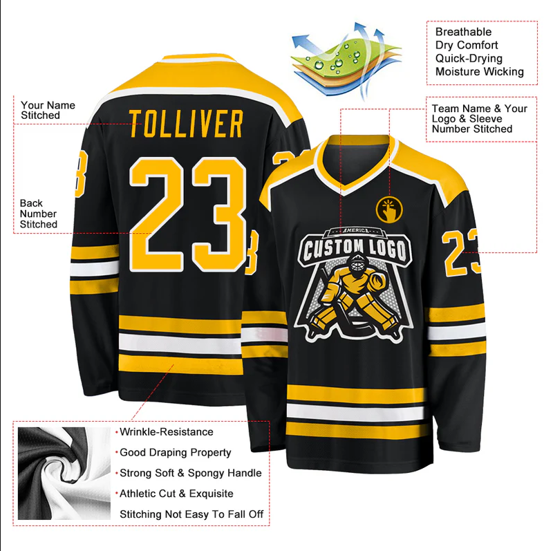 Custom Black Gold-White Hockey Jersey